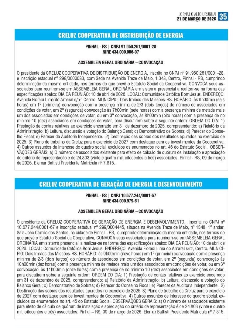 Creluz publica Editais de Convocação para as Assembleias Gerais Ordinárias