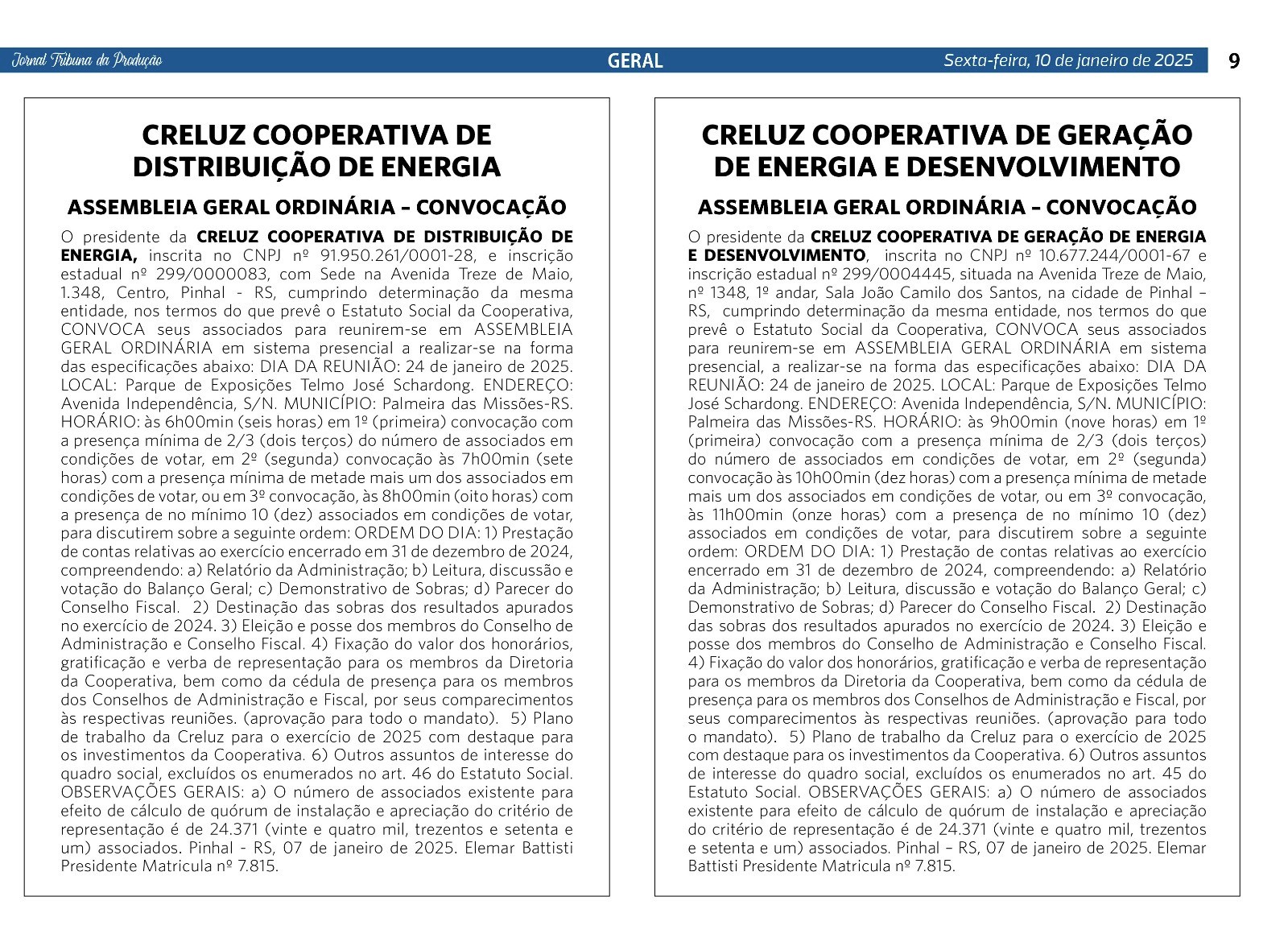 Editais de Convocação: Assembleias Gerais Ordinárias Creluz